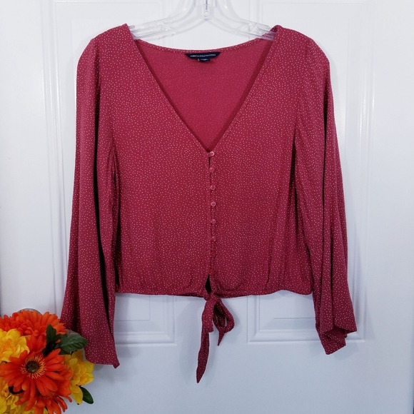 American Eagle Red Polka Dot Bell Sleeve Crop Top - Picture 2 of 8